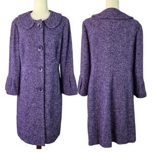 Boden Purple Wool Retro Style Mid Length Lined Coat Peter Pan Collar Button Up M